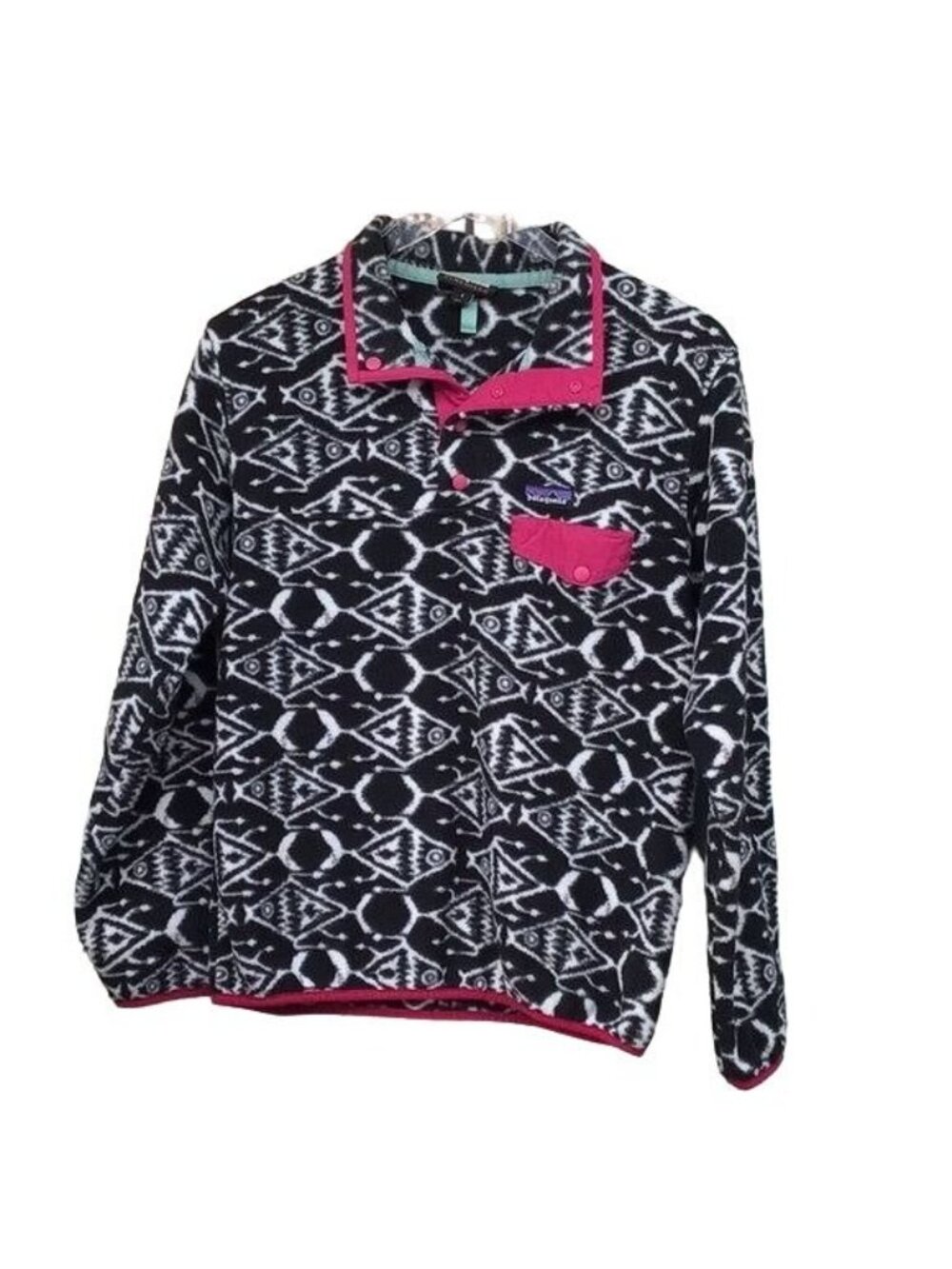 Patagonia Womans S IKAT Big Fish Retro Print Black White Pink Pull Over Light We